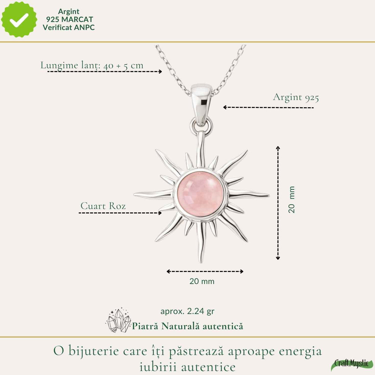 Colier Cuart Roz Soare din Argint 925 – iubire de sine si energie luminoasa