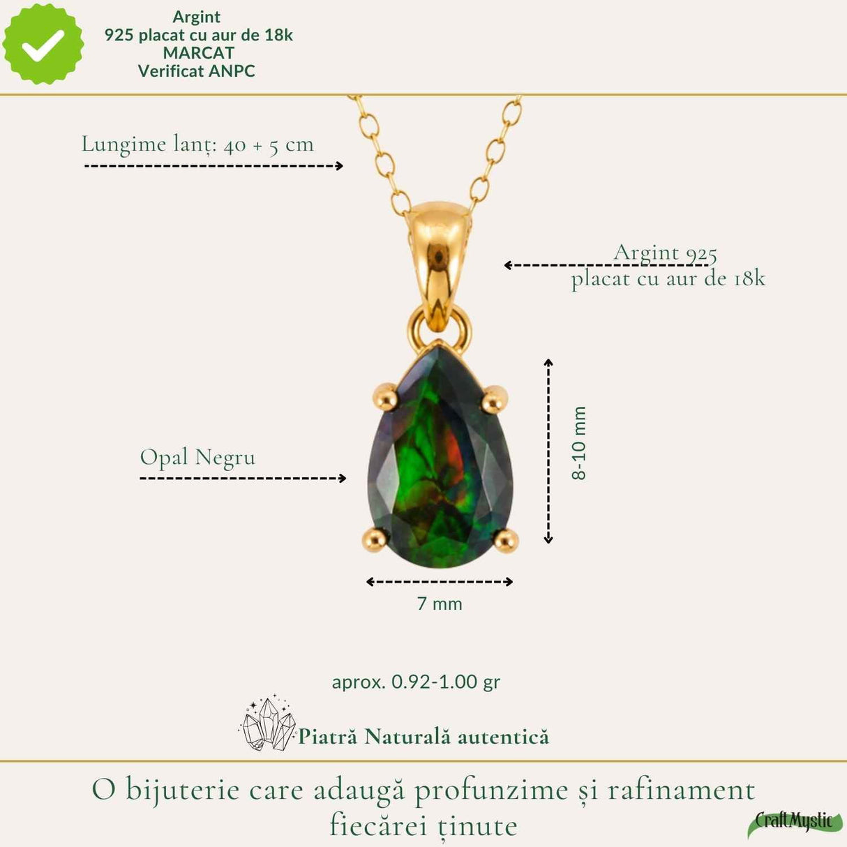 Colier Argint 925 Placat cu Aur 18K cu Opal Negru Lacrima – Eleganta si Intuitie