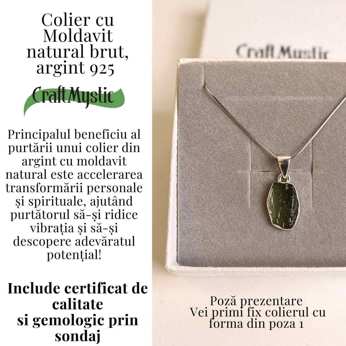 Colier din argint 925 cu moldavit natural, 2.55 gr- Claritate mentala si echilibru energetic