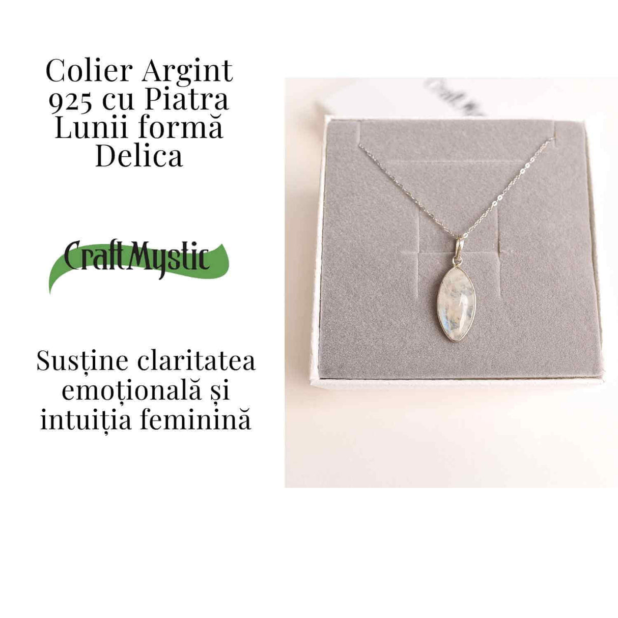 Colier din Argint 925 cu Piatra Lunii in Forma Delica - Intuitie Clara si Energie Feminina