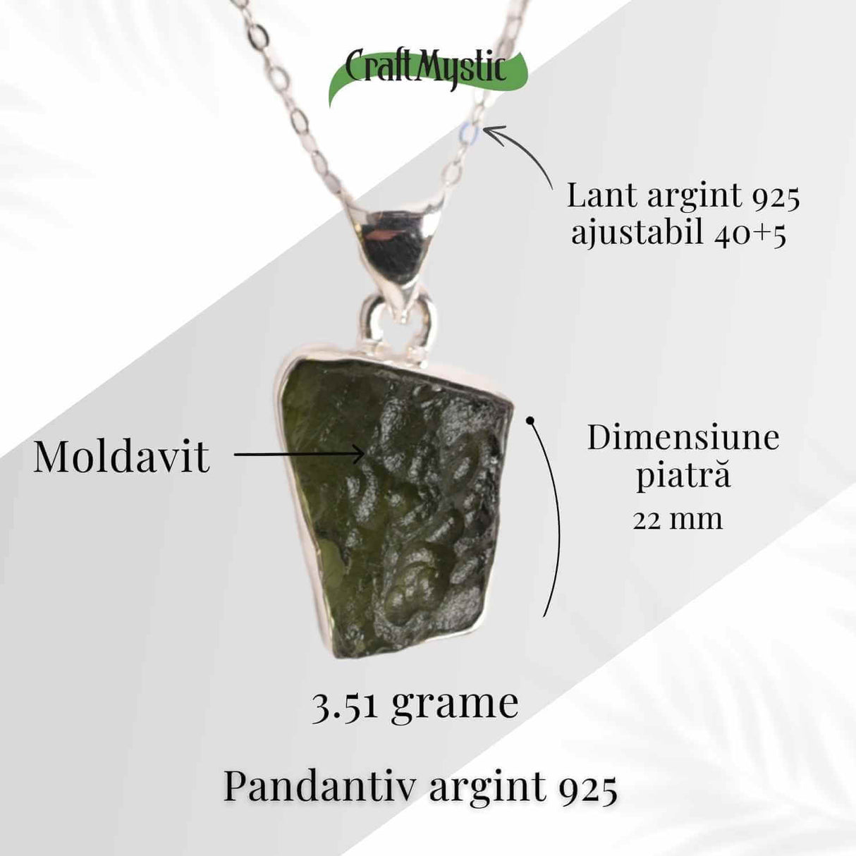 Colier din argint 925 cu moldavit natural, 3.51 gr- Putere interioara si protectie energetica