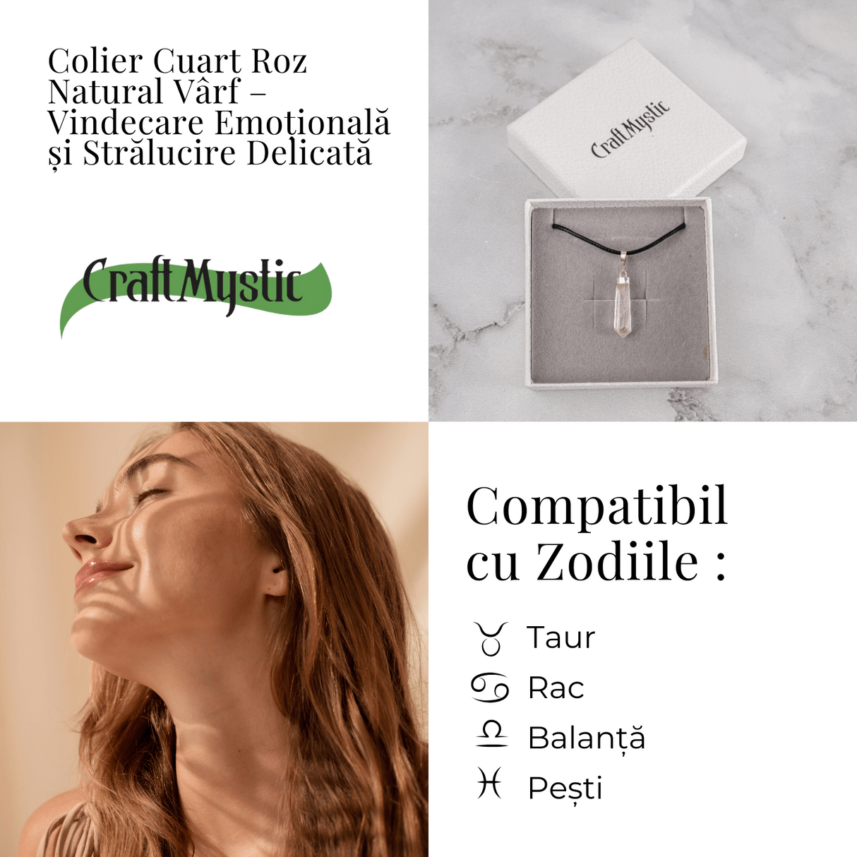 Colier Cuart Roz in Forma de Varf - Energie a Iubirii si Vindecare Delicata