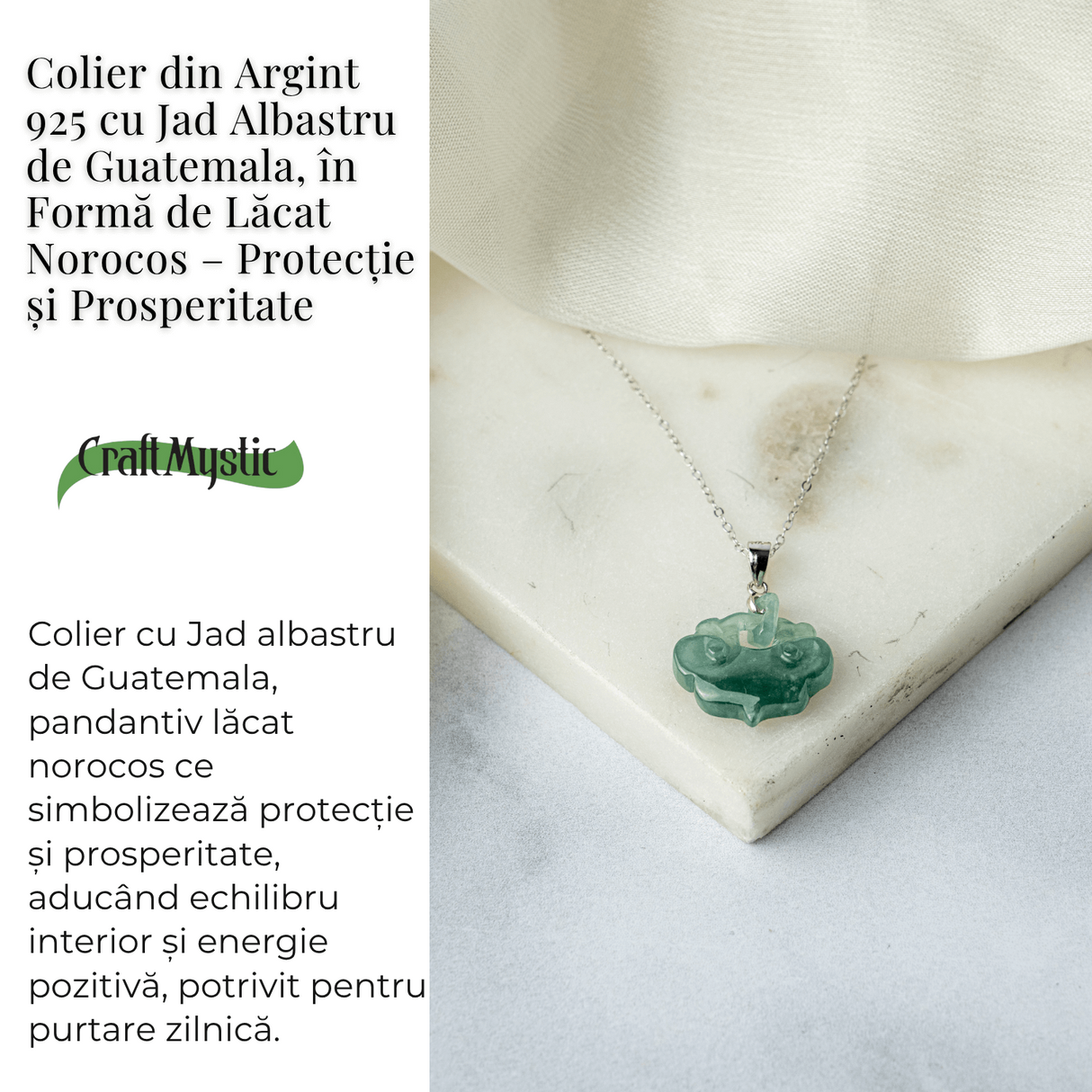 Colier Argint 925 cu Jad Albastru Sculptat Pixiu - Protectie, Echilibru si Prosperitate Interioara