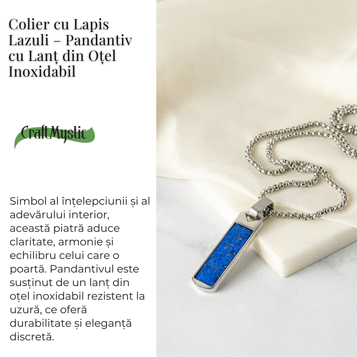 Colier otel inoxidabil cu Lapis Lazuli natural dreptunghiular - Intelepciune si Armonie Interioara