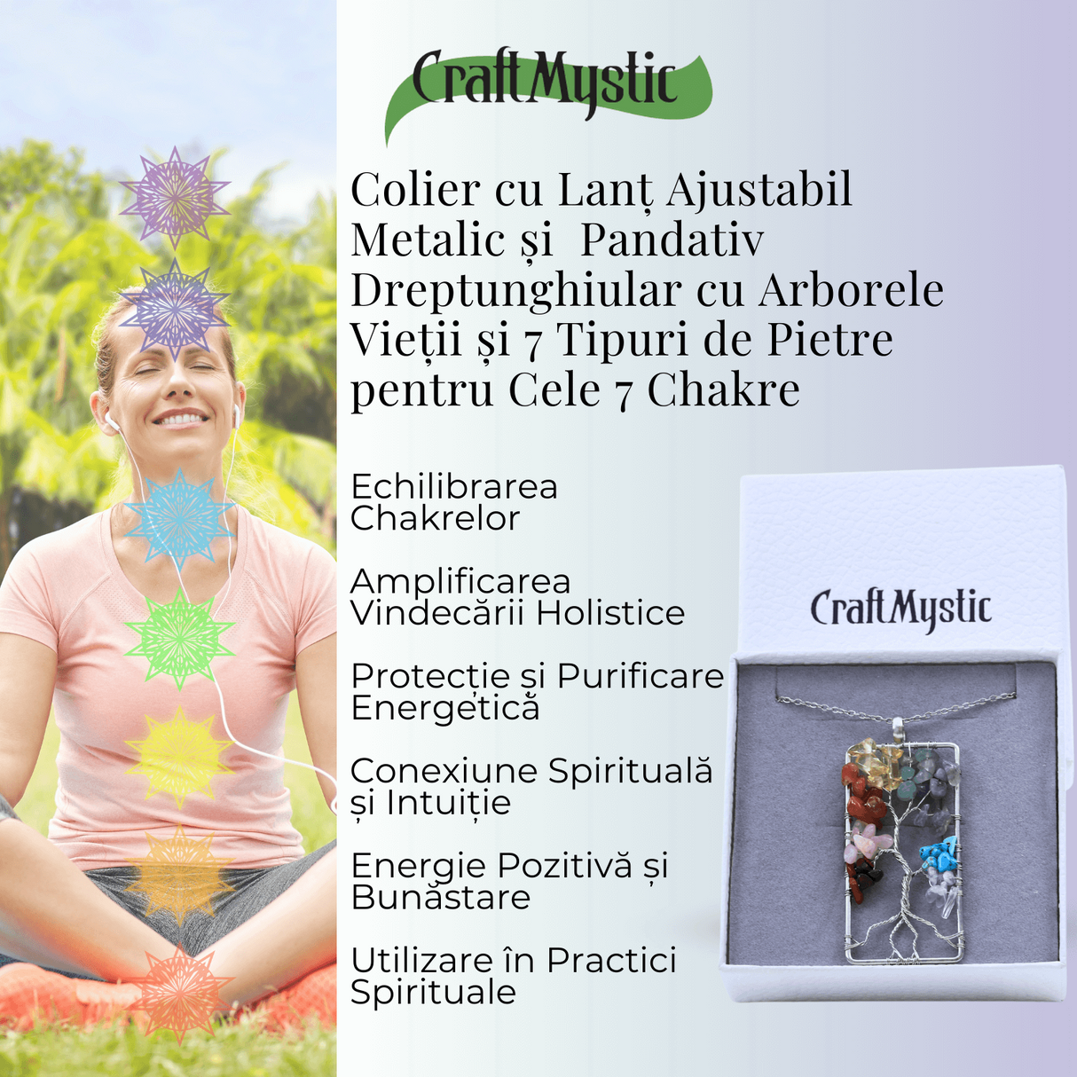 Colier dreptunghiular ajustabil cu arborele vietii si pietre pentru chakre - Echilibru si Armonie