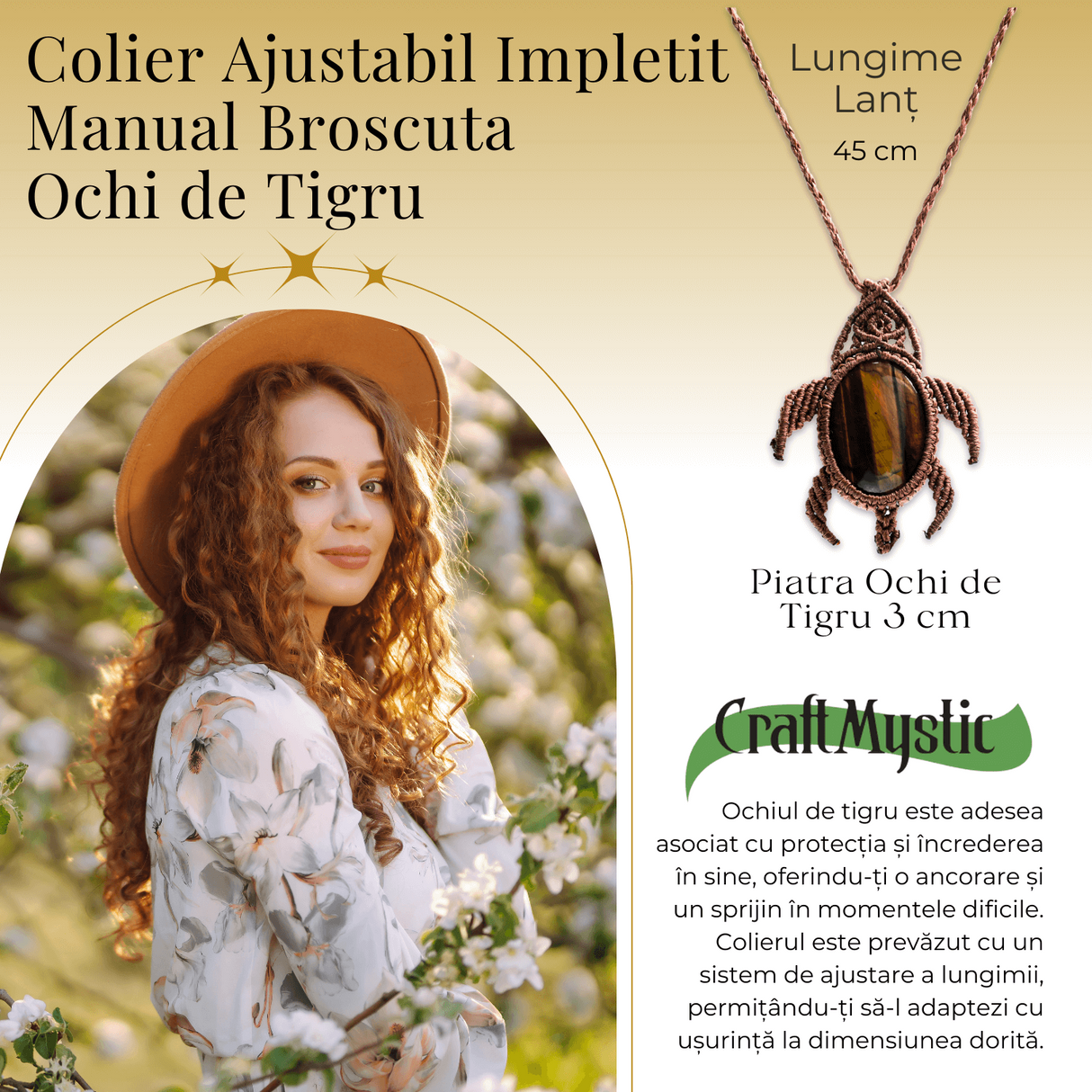 Colier Ajustabil Handmade cu Cristal de Ochi de Tigru in Broscuta Impletita - Lungime Maxima 45 cm
