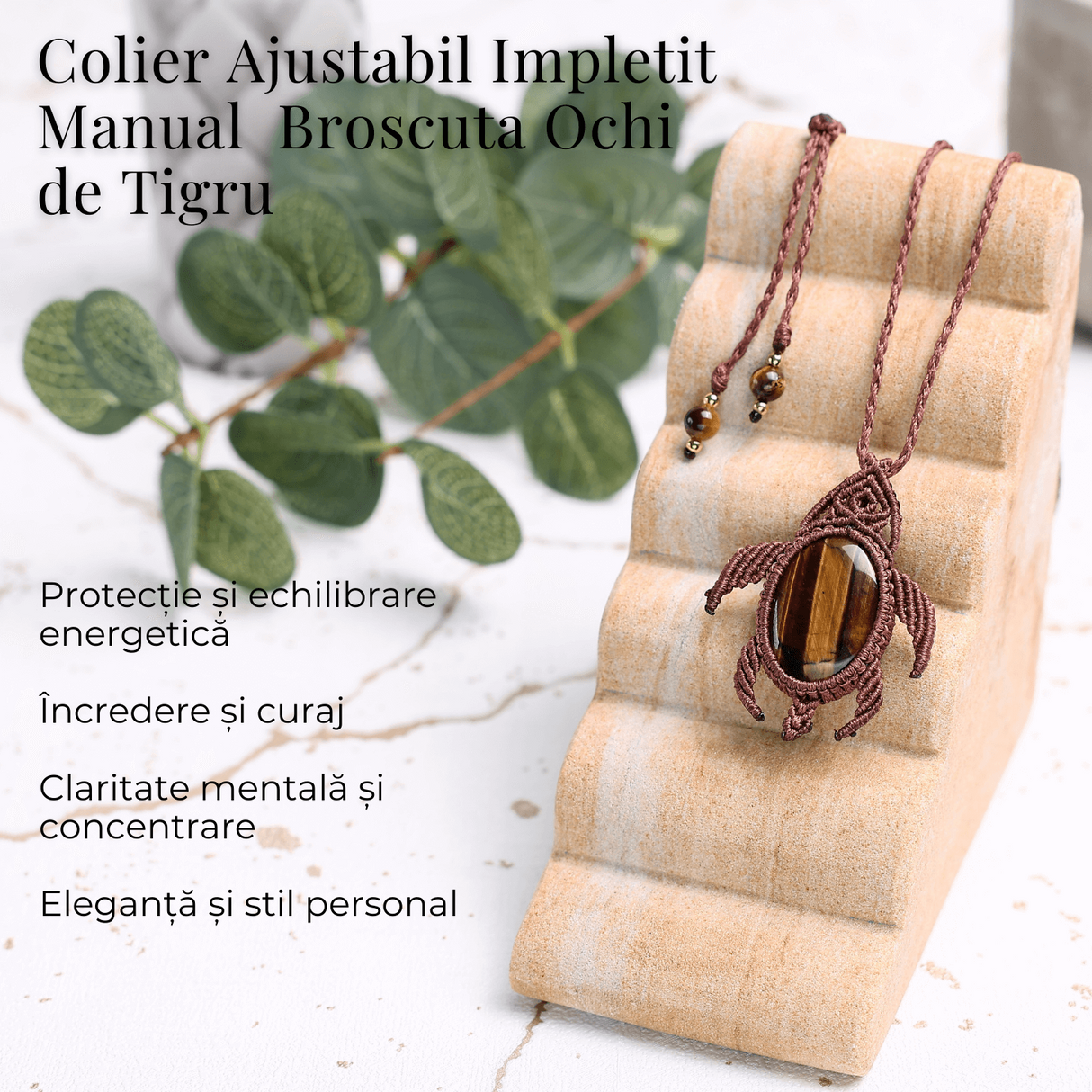 Colier Ajustabil Handmade cu Cristal de Ochi de Tigru in Broscuta Impletita - Lungime Maxima 45 cm