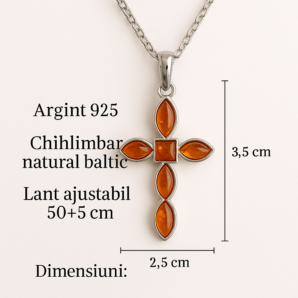 Colier cruce cu chihlimbar si montura argint 925 - Simbol sacru al puritatii si credintei