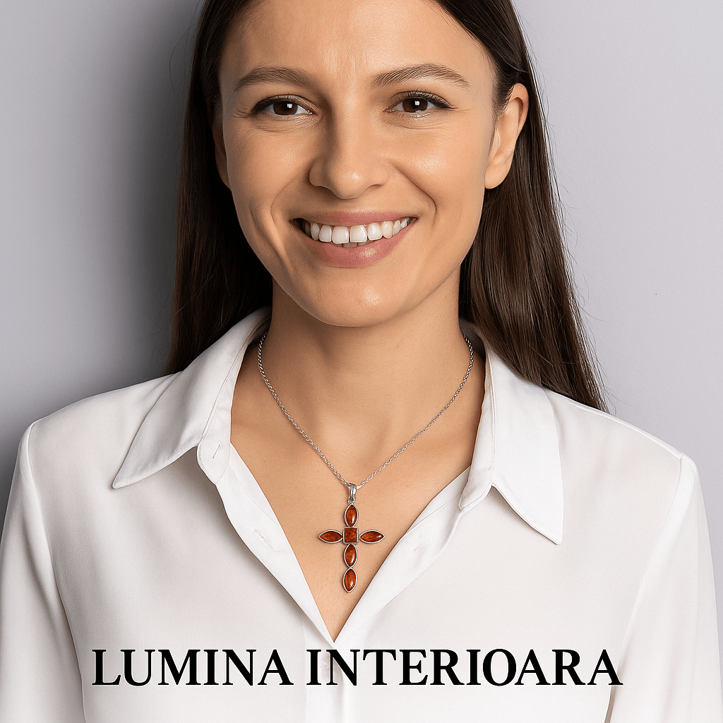 Colier cruce cu chihlimbar si montura argint 925 - Simbol sacru al puritatii si credintei