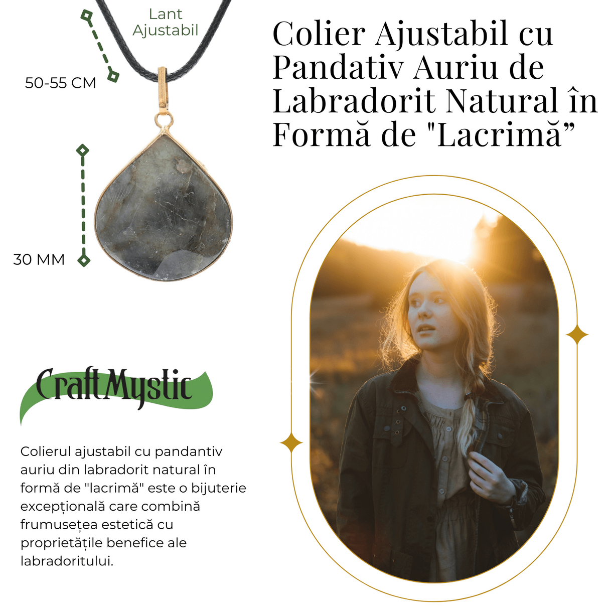 Colier Auriu Ajustabil cu Pandantiv Labradorit Lacrima pentru Protectie