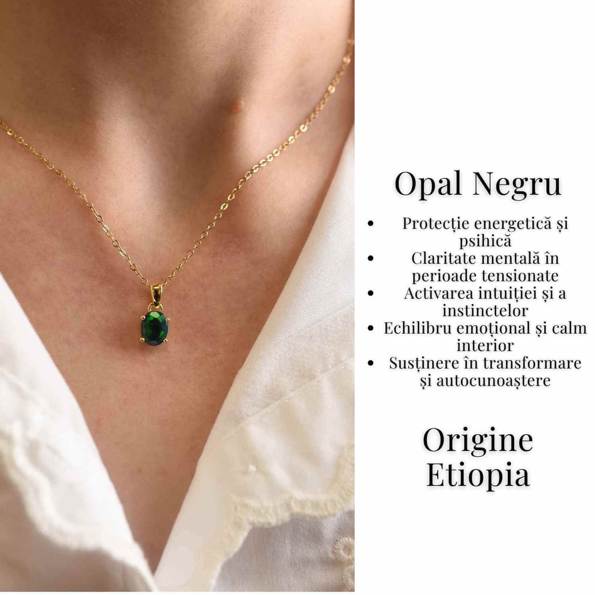 Colier lant inox cu pandantiv montura pe argint 925 placat cu aur 18k si Opal Negru - Protectie si claritate emotionala