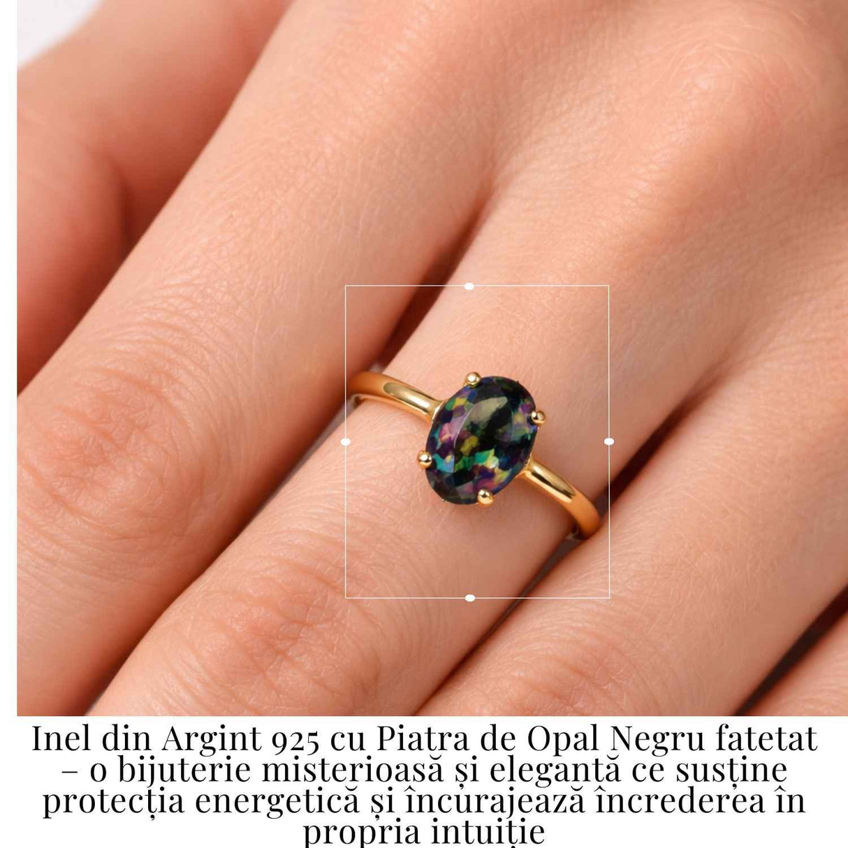 Inel Argint 925 placat cu aur 18K cu Opal Negru Fațetat oval- o reflexie profunda a intuitiei purtate cu gratie