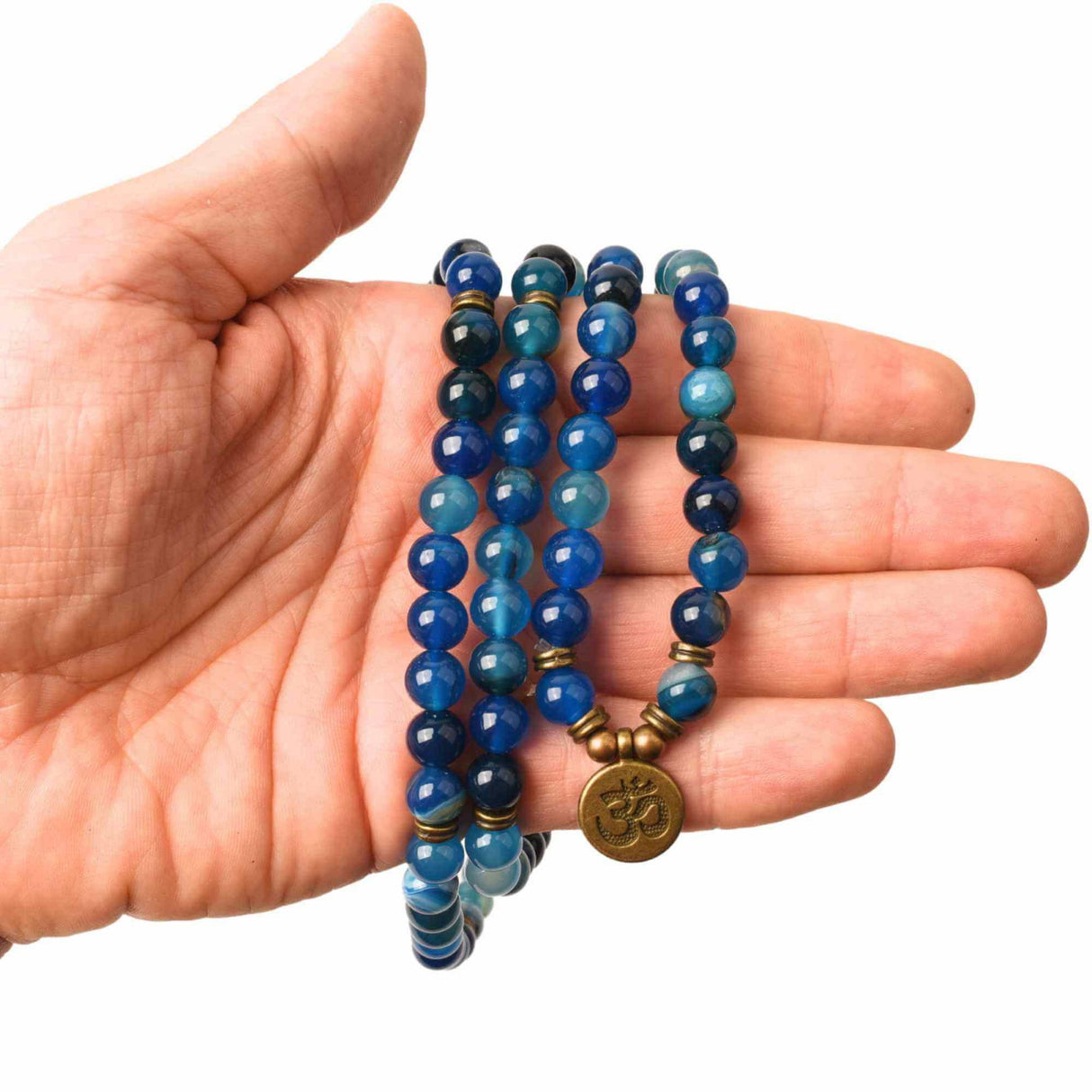 Dubla utilizare Bratara/Colier cu Simbolul Yoga si 108 de Margele Mala 8mm din Agat Albastru Accesoriu Spiritual pentru Meditatie si Bijuterie pentru Femei si Barbati