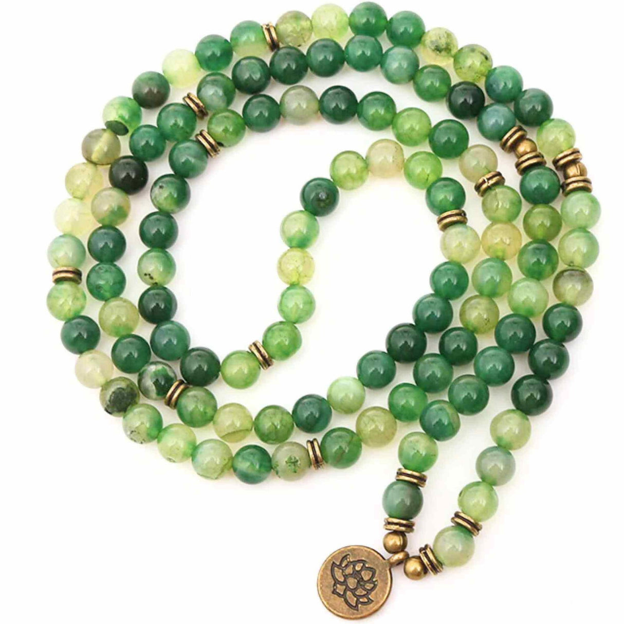 Dubla utilizare Bratara/Colier Mala din Agat Verde cu 108 Margele de 8mm Ajustabila si Elastica, cu Simbolul Lotus si Viata pentru Yoga