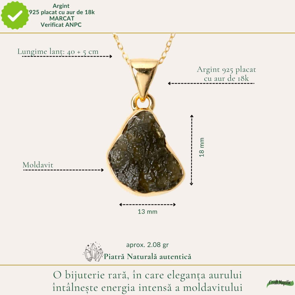 Colier Delicat cu Moldavit Natural si Argint Placat cu Aur 18k - Energie si Stil
