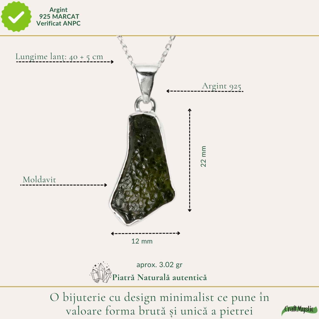 Colier argint 925 cu moldavit brut neuniform – energie si transformare autentica