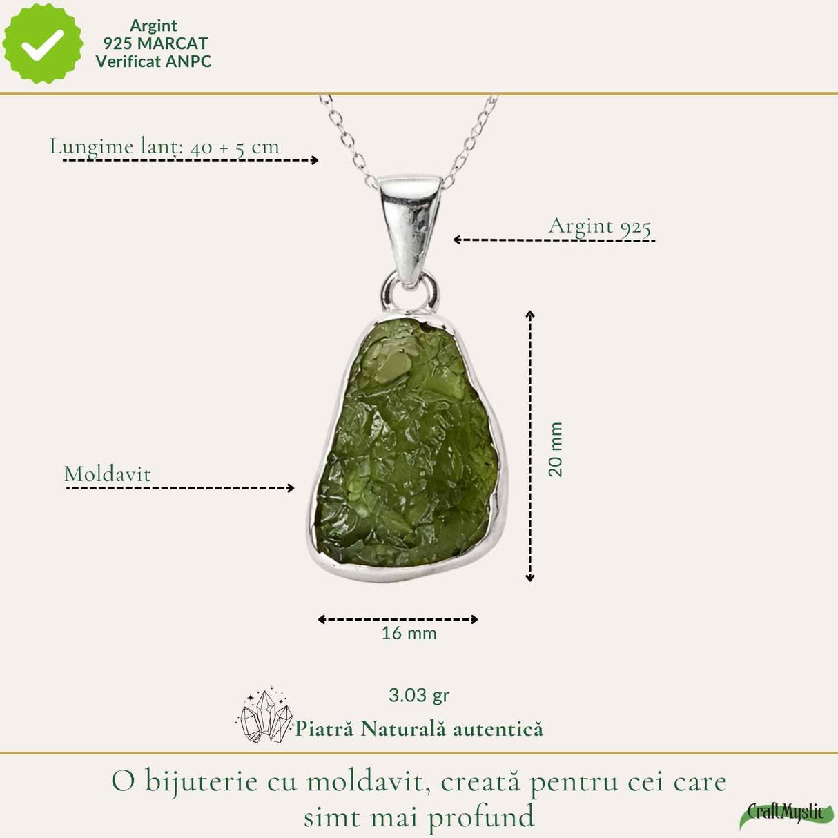 Colier Moldavit Brut Neuniform Argint 925 – Energie Intensa si Claritate