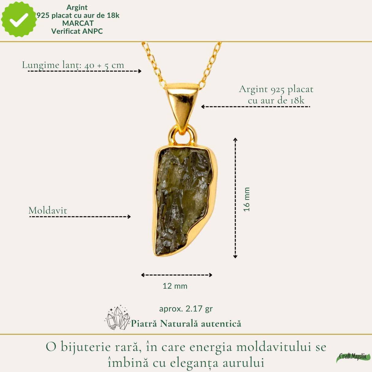 Colier Moldavit Brut Neuniform Argint 925 Placat Aur – Energie si Transformare Interioara