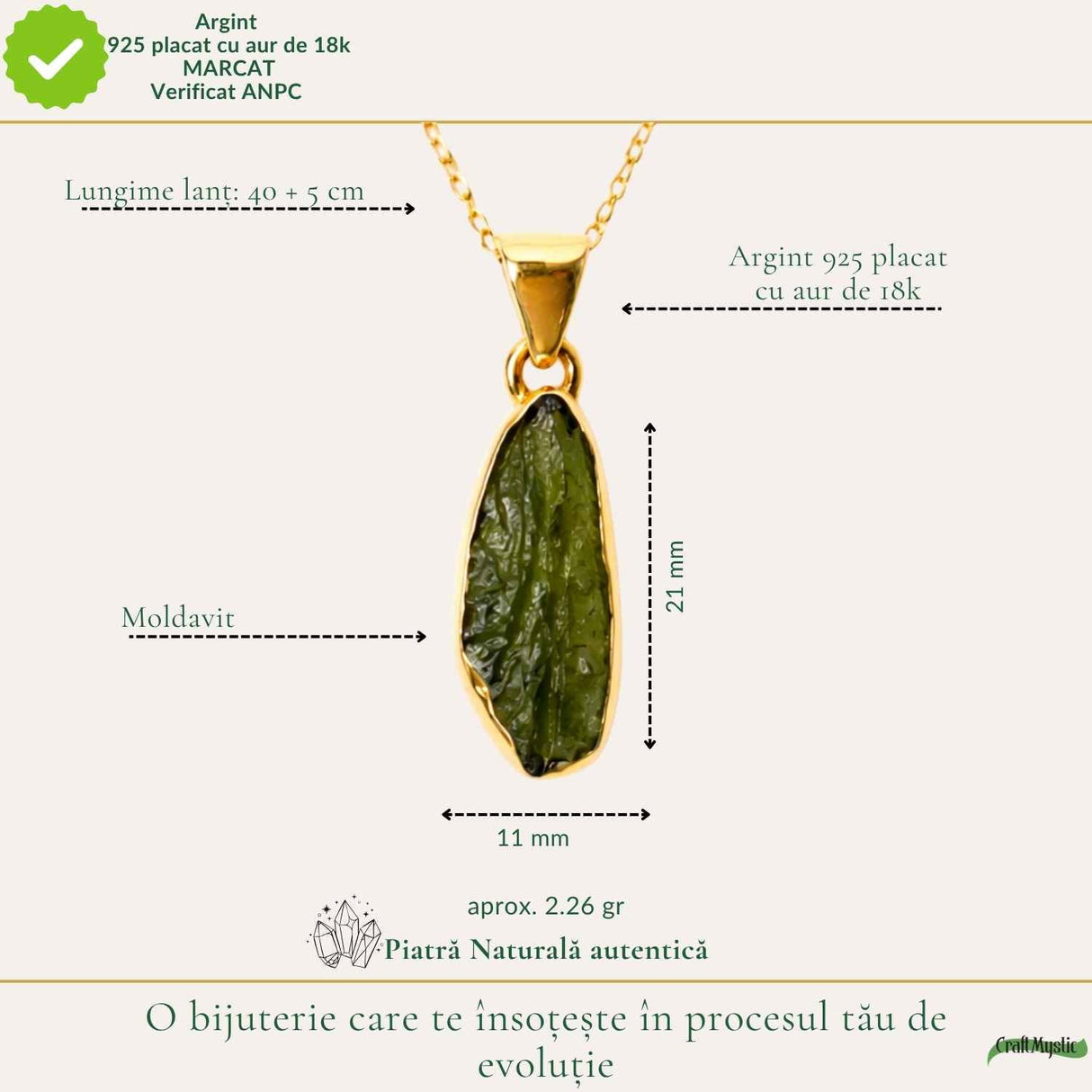 Colier Moldavit Brut Neuniform si Argint 925 Placat cu Aur 18k – Claritate si Transformare Profunda
