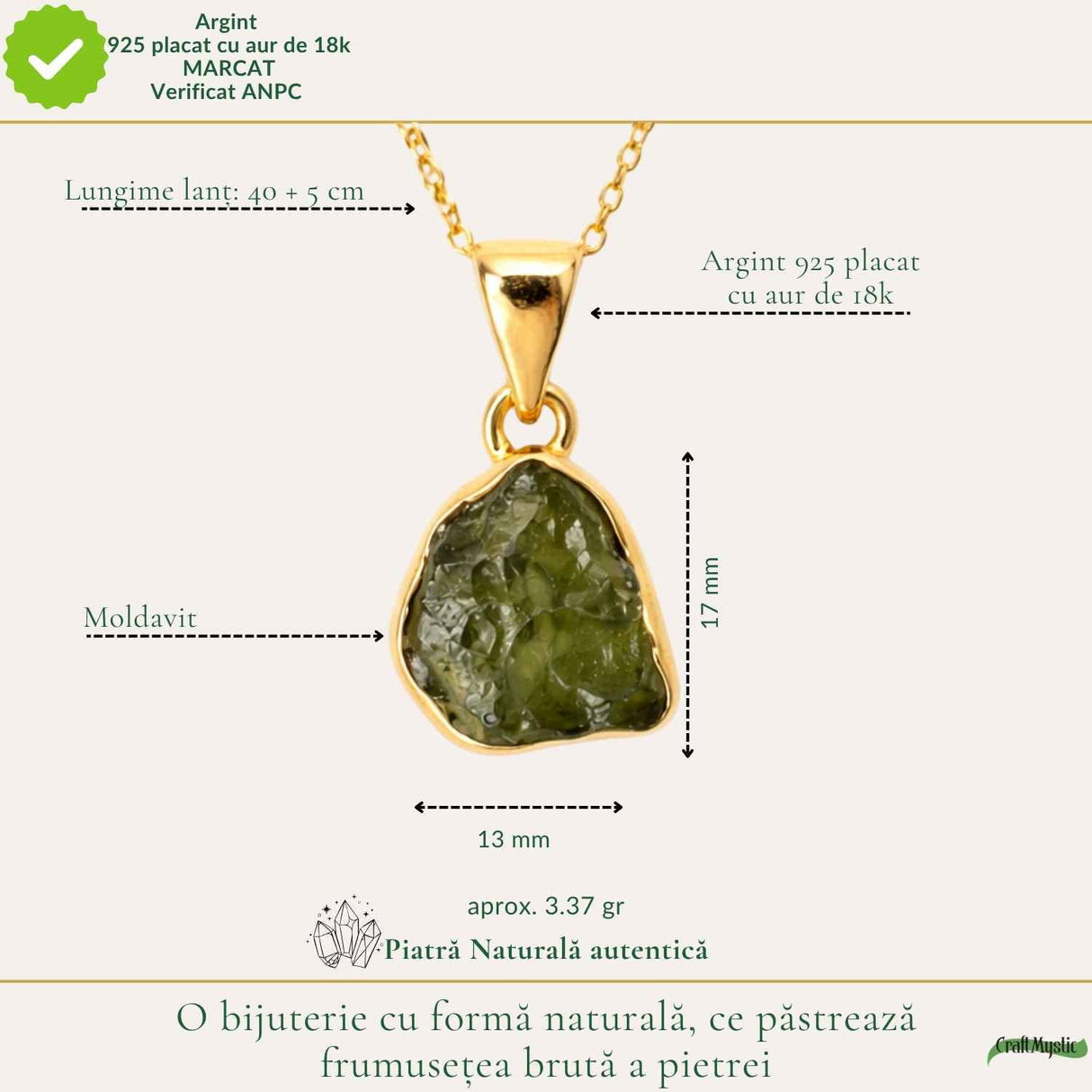 Colier Moldavit Brut Neuniform argint 925 Placat cu Aur – Energie si Transformare Autentica