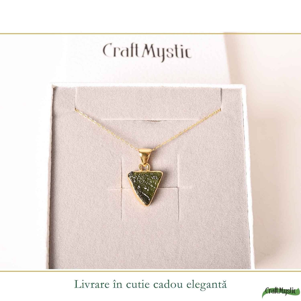 Colier Moldavit Brut Triunghi Argint 925 Placat cu Aur – Energie si Claritate Interioara