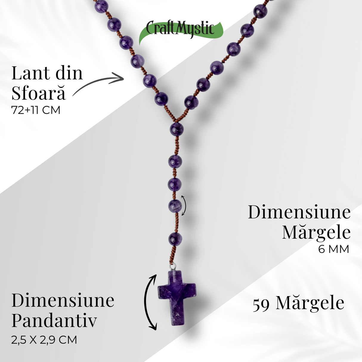 Colier cu Margele din Ametist Natural si Pandantiv Cruce - Liniste Interioara si Protectie Spirituala