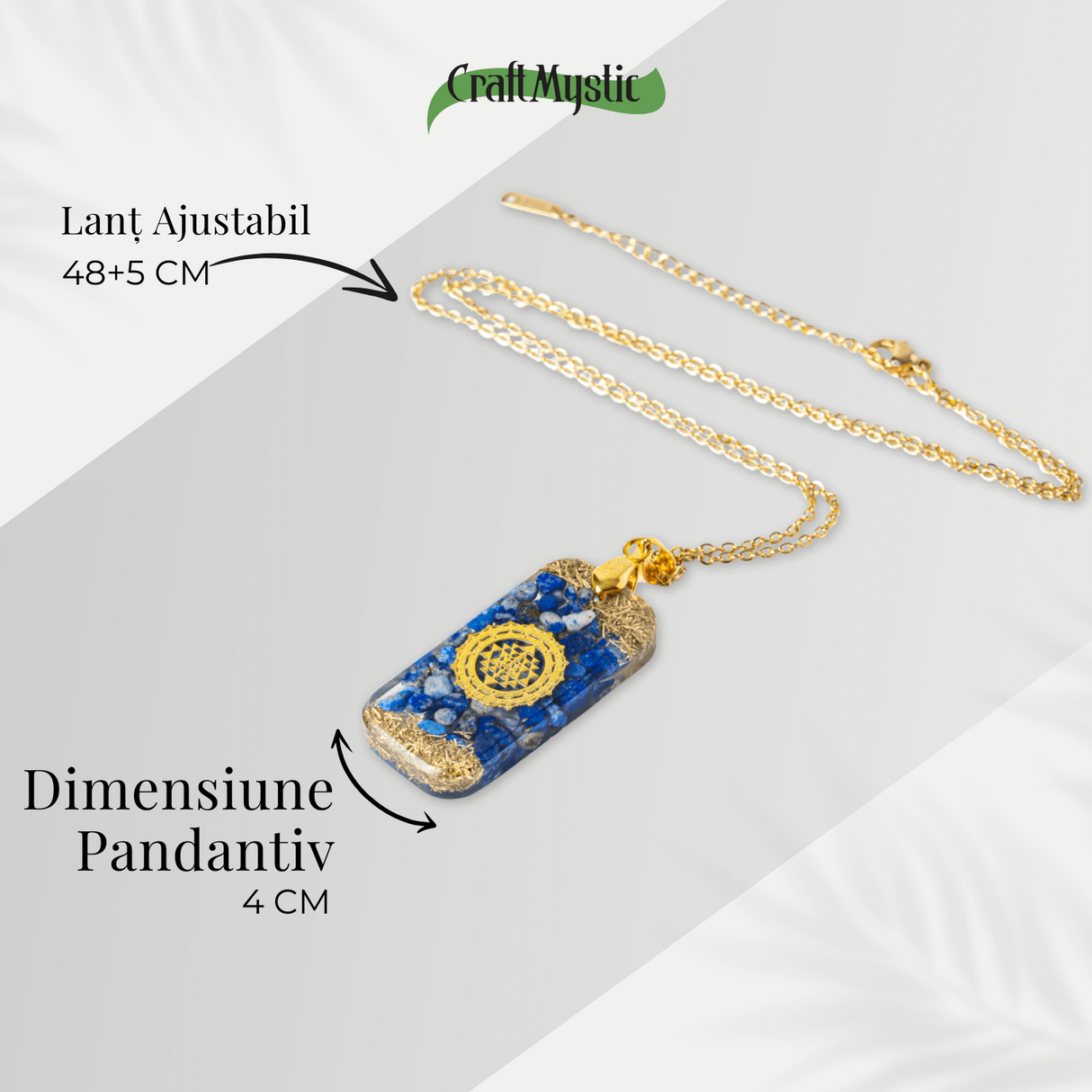 Colier cu Lapis Lazuli si Rasina - Pandantiv Dreptunghiular cu Simbol Sacru Sri Yantra