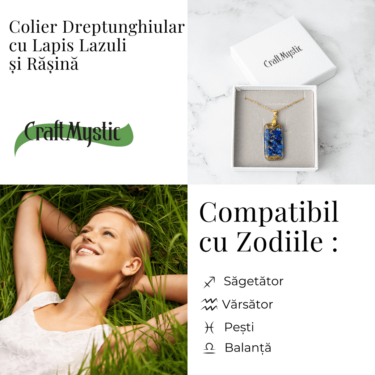 Colier cu Lapis Lazuli si Rasina - Pandantiv Dreptunghiular cu Simbol Sacru Sri Yantra