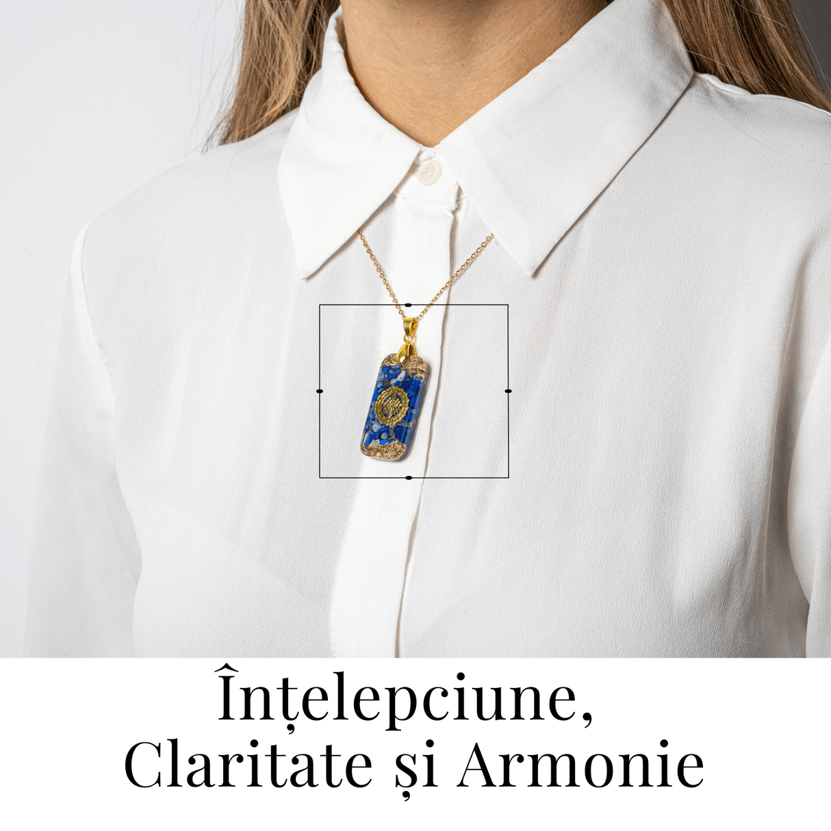 Colier cu Lapis Lazuli si Rasina - Pandantiv Dreptunghiular cu Simbol Sacru Sri Yantra