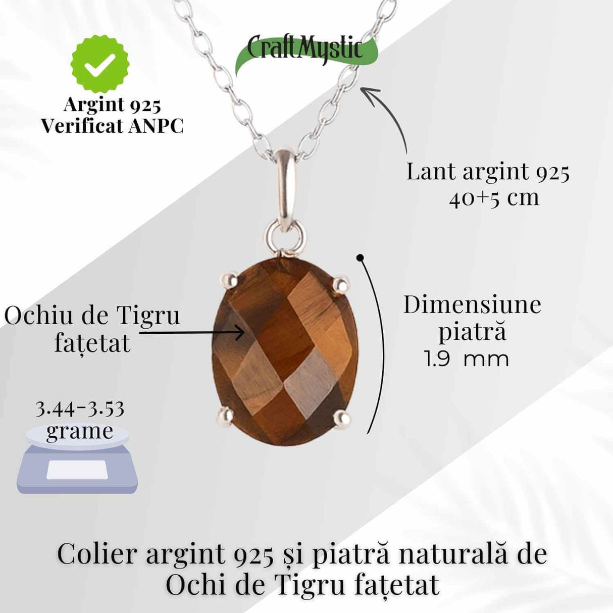 Colier Argint 925 cu Ochi de Tigru Oval fatetat- Protectie, Claritate si Incredere Interioara