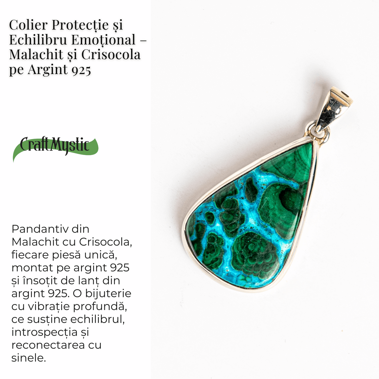 Colier protectie si echilibru emotional - Malachit si Crisocola montura Argint 925 8.35 gr