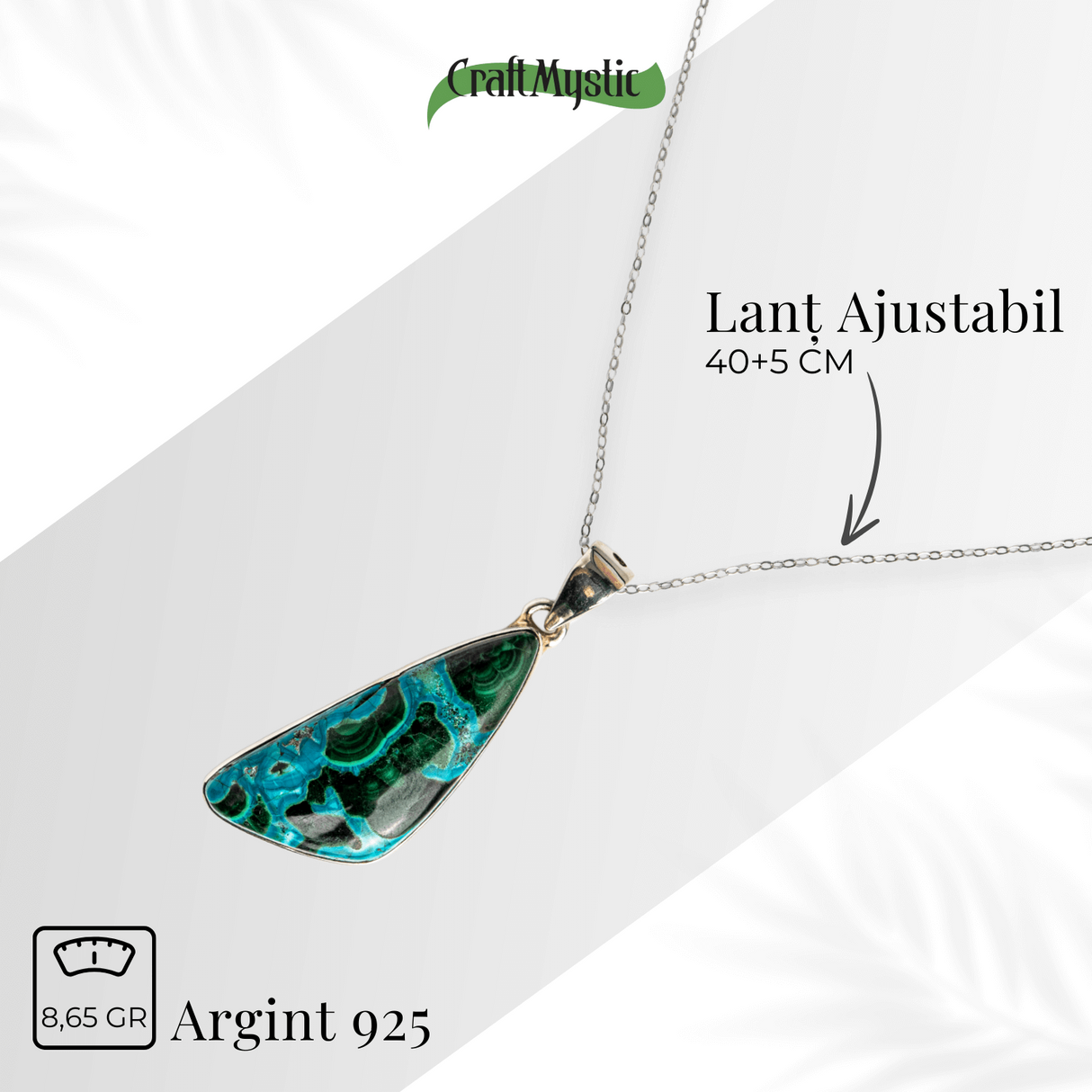 Colier protectie si echilibru emotional - Malachit si Crisocola montura Argint 925 8.35 gr