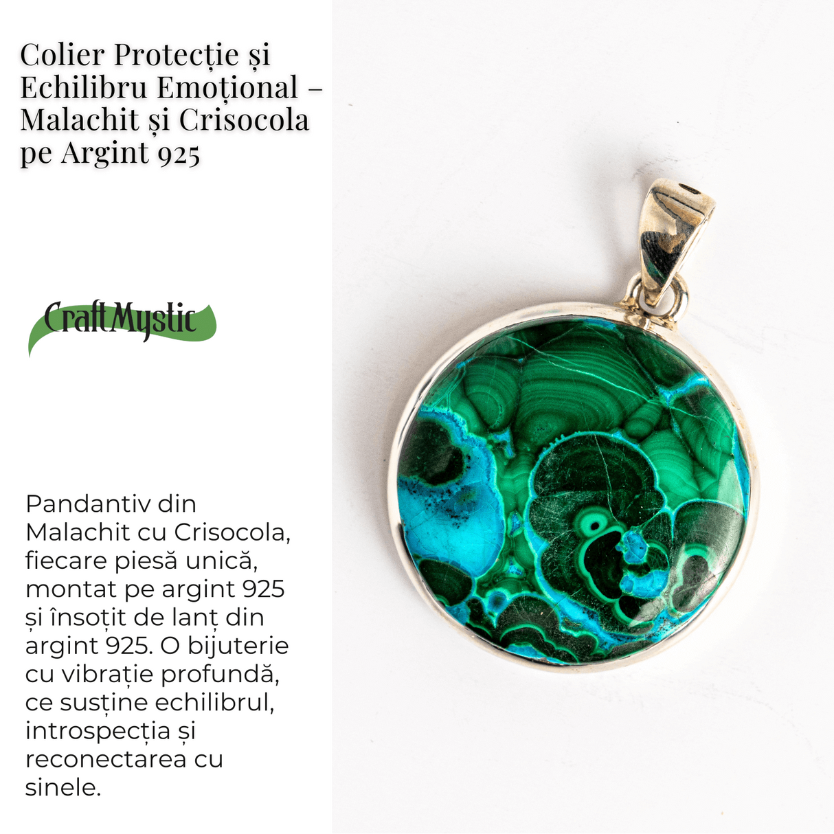 Colier protectie si echilibru emotional - Malachit si Crisocola montura Argint 925 8.35 gr