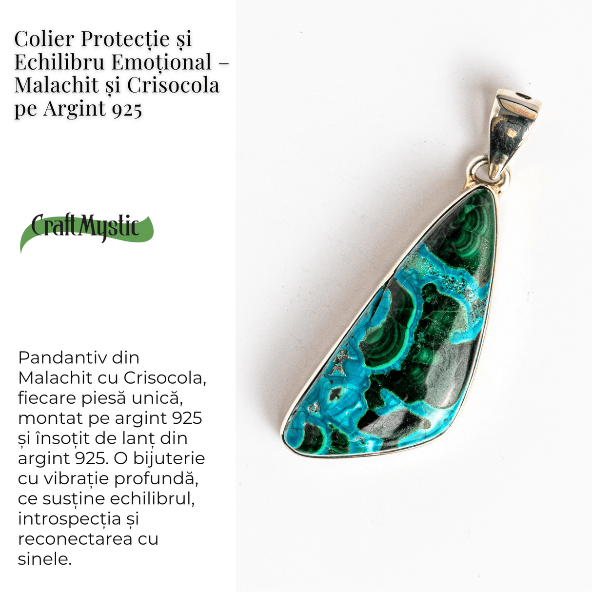 Colier protectie si echilibru emotional - Malachit si Crisocola montura Argint 925 8.35 gr