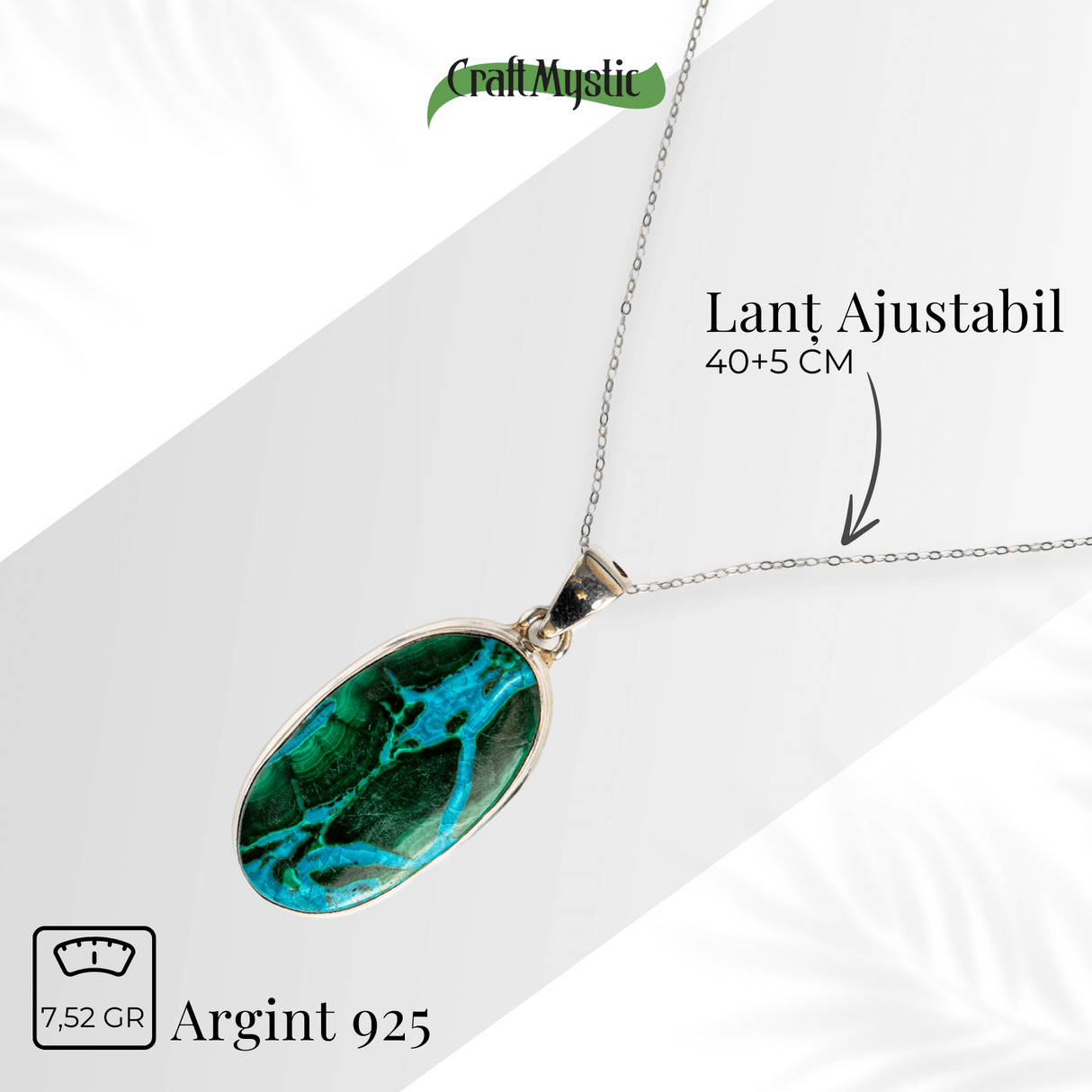 Colier protectie si echilibru emotional - Malachit si Crisocola montura Argint 925 8.35 gr