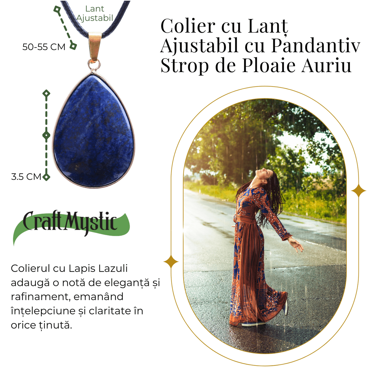 Colier ajustabil cu pandantiv strop de ploaie auriu Lapis Lazuli - Claritate si Intelepciune - Copie