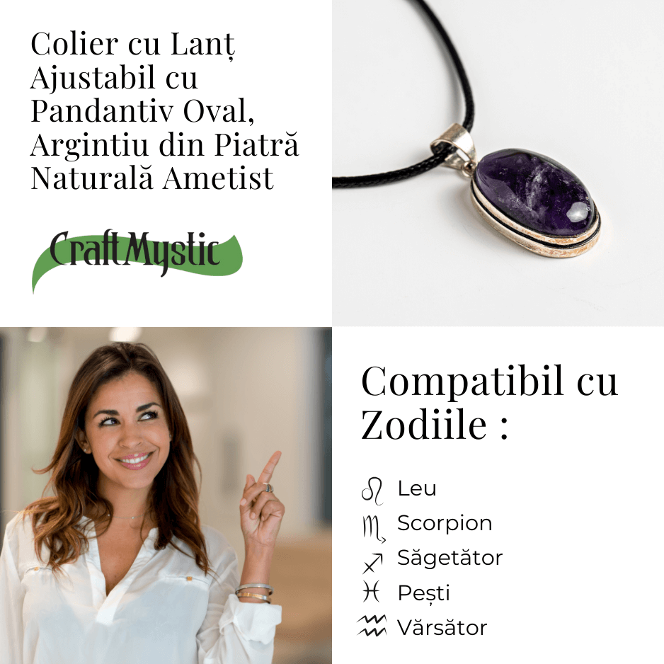 Colier ajustabil cu pandantiv oval din Ametist Natural - Claritate Mentala si Echilibru Spiritual