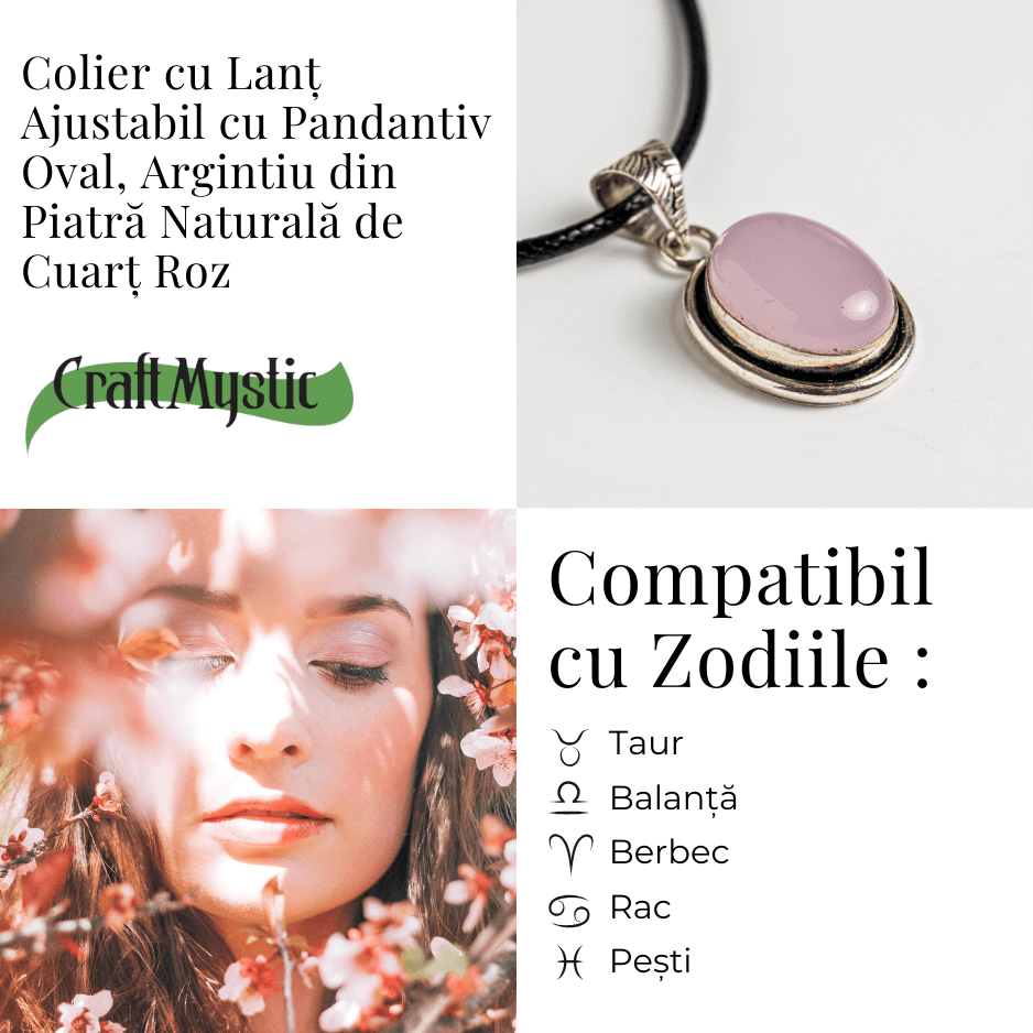Colier reglabil cu pandantiv oval Cuart Roz - Dragoste si Echilibru Emotional