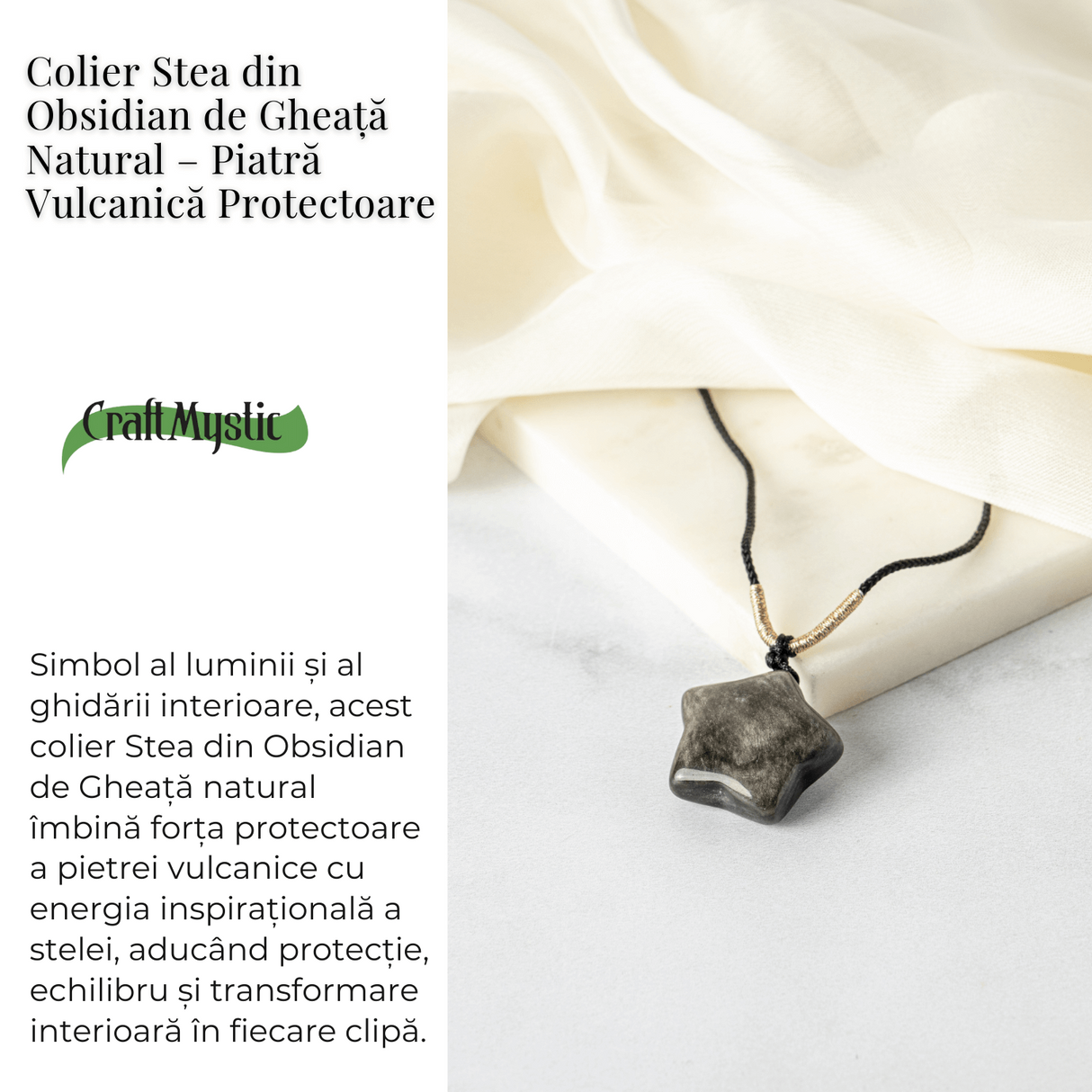 Colier Stea din Obsidian de Gheata Natural cu Snur Reglabil - Protectie si Claritate Interioara