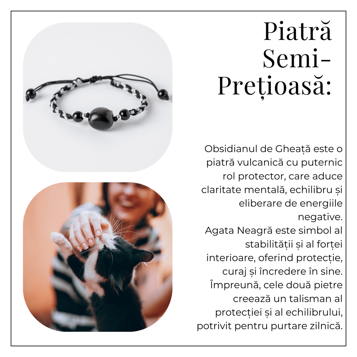 Bratara Ajustabila cu Pisica din Obsidian de Gheata si Agata Neagra Naturala - Talisman al Protectiei si Claritatii