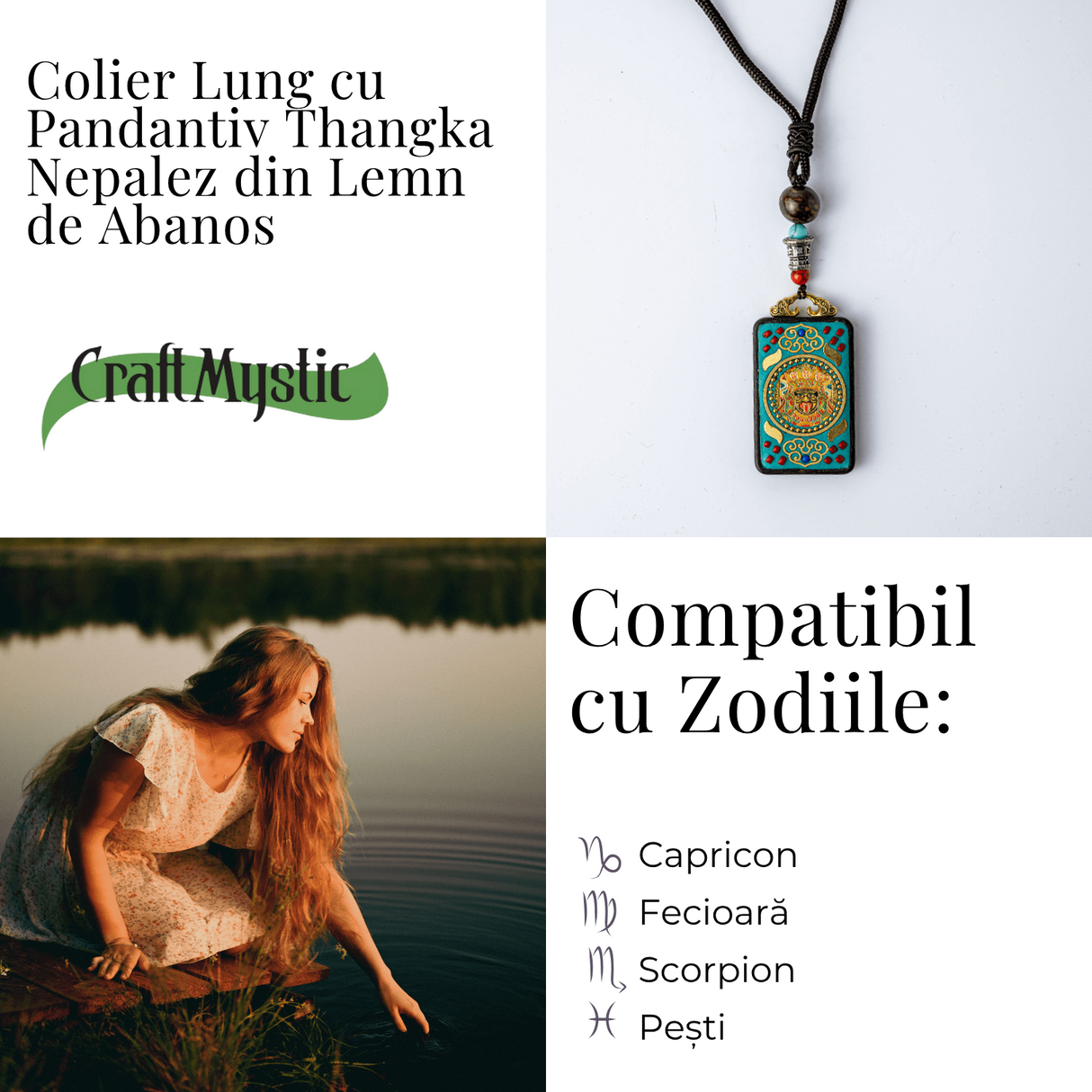Colier Thangka Nepalez din Lemn cu Leul de Zapada - Curaj, Protectie si Echilibru Divin