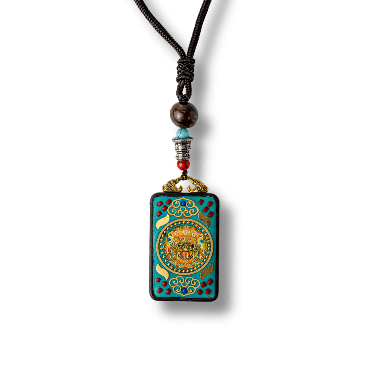 Colier Thangka Nepalez din Lemn cu Leul de Zapada - Curaj, Protectie si Echilibru Divin