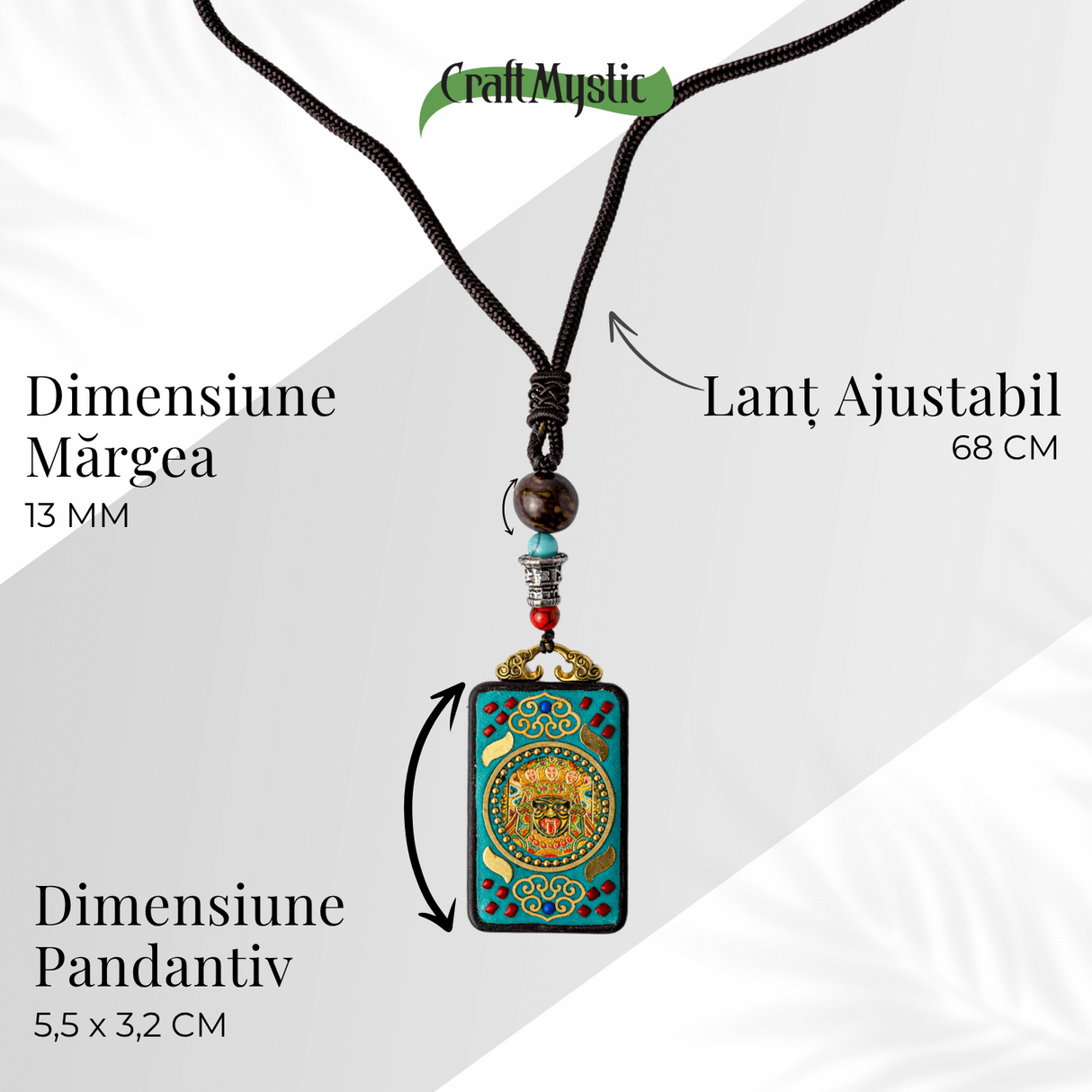 Colier Thangka Nepalez din Lemn cu Leul de Zapada - Curaj, Protectie si Echilibru Divin