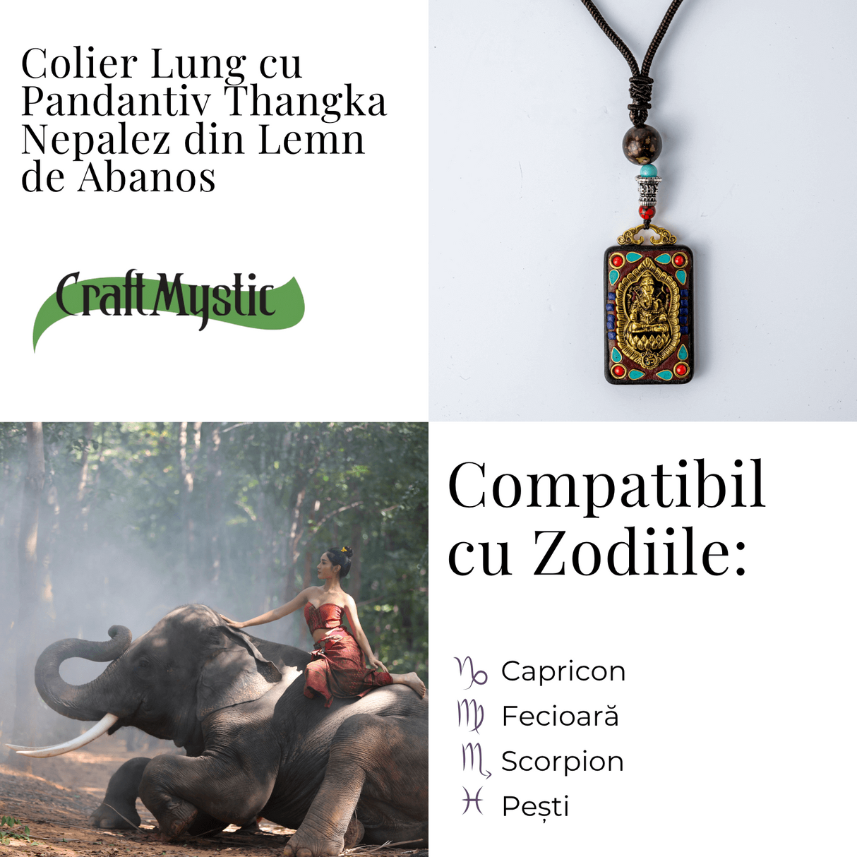 Colier Thangka Nepalez din Lemn de Abanos cu Simbol Ganesha - Protectie Spirituala si Abundenta Interioara