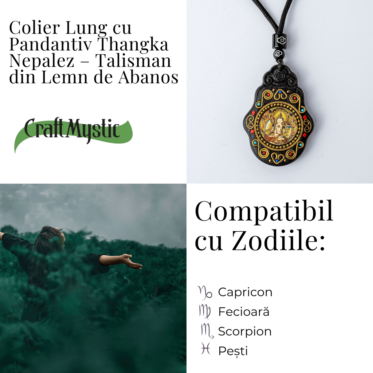 Colier Thangka Nepalez din Lemn de Abanos cu Zeita Saraswati - Claritate Spirituala si Inspiratie Divina
