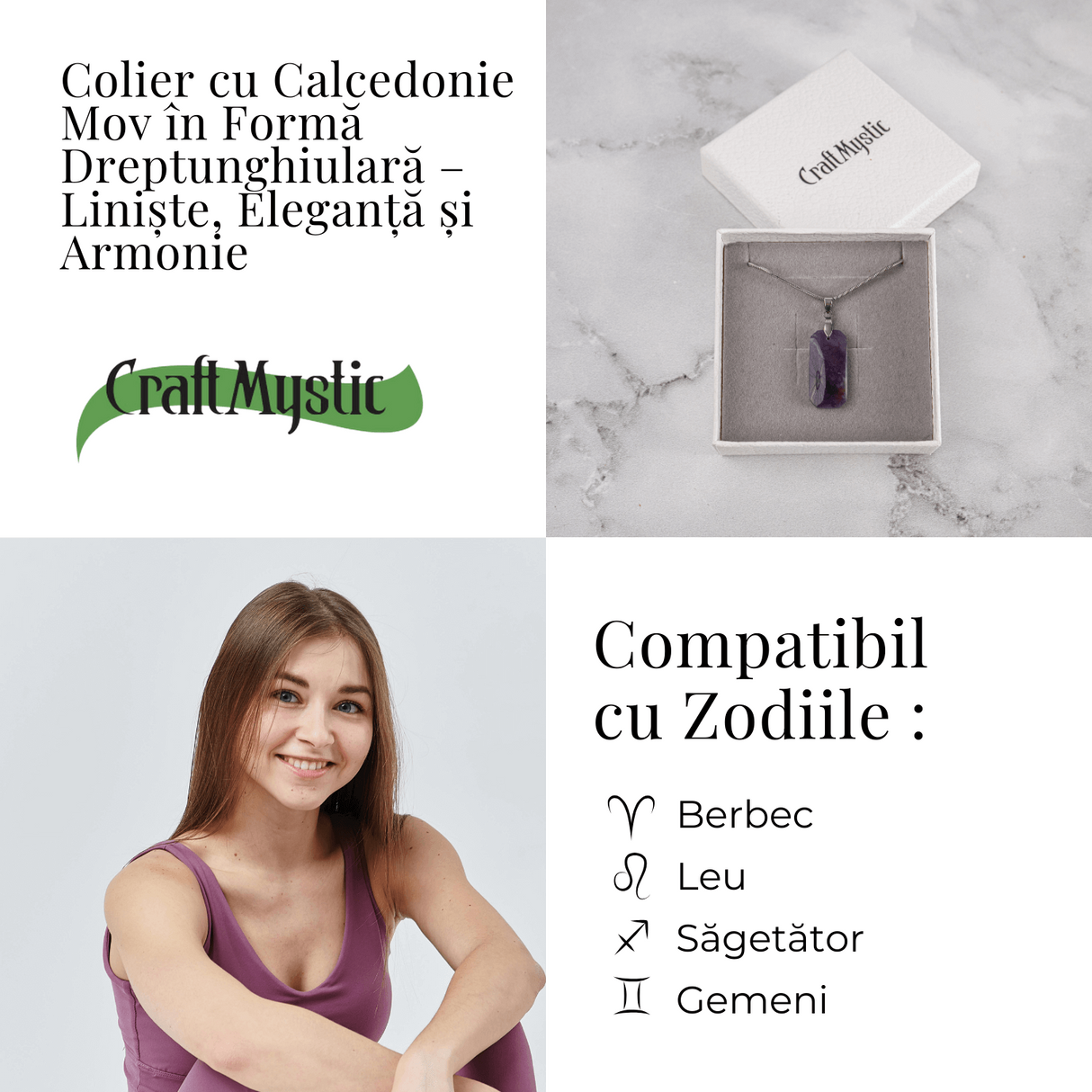Colier Titanium cu Calcedonie Mov Dreptunghiulara - Armonie, Liniște si Eleganta Subtila