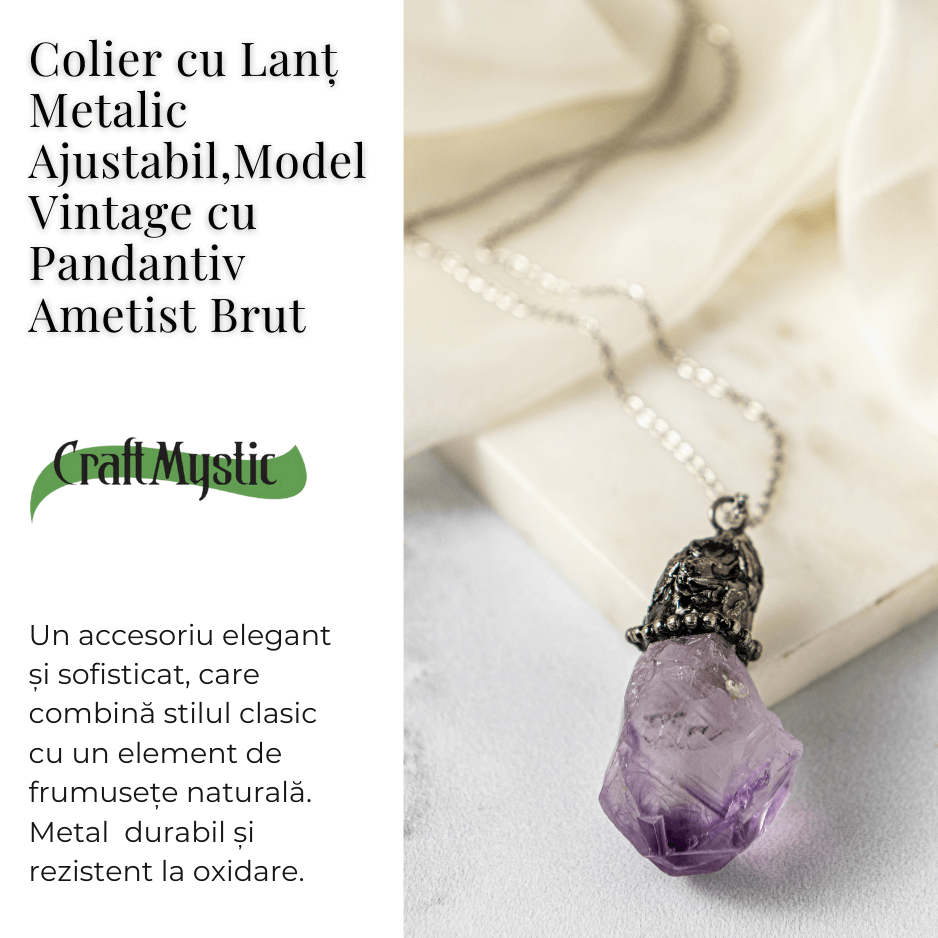 Colier vintage varf Ametist Brut - Claritate Mentala si Protectie