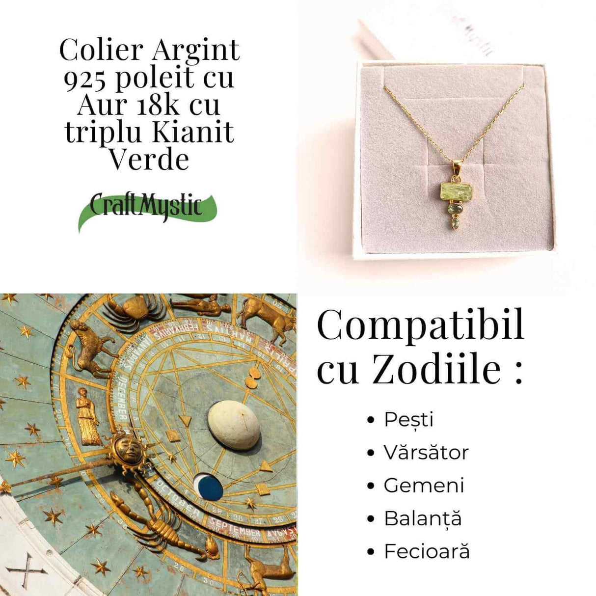 Echilibru si Vindecare Emotionala - Colier inox si pandantiv argint 925 placat cu aur de18k si Triplu Kyanit Verde