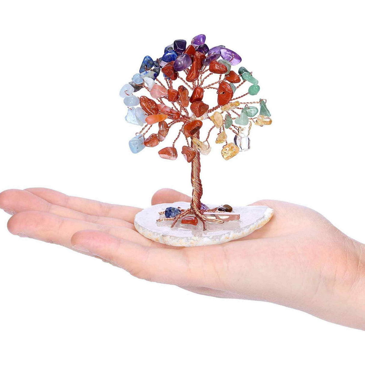 Mini Copacel pietre semipretioase 7 chakra pe felie de agat - decor cristal feng shui, accesorii pentru birou, cristale pentru meditatie