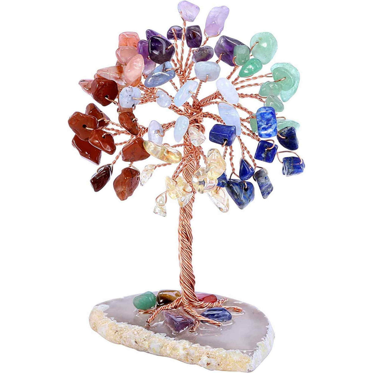 Mini Copacel pietre semipretioase 7 chakra pe felie de agat - decor cristal feng shui, accesorii pentru birou, cristale pentru meditatie